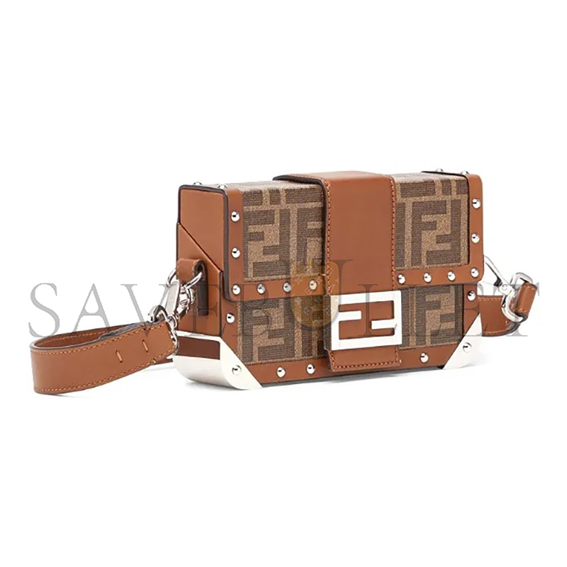 FENDI BAGUETTE TRUNK BAG ZUCCA COATED CANVAS MINI BROWN 7VA507A8V3F18AT (19*11*4cm)